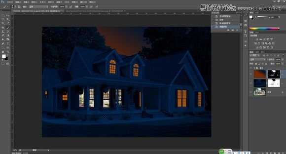 Photoshop把白天的别墅照片调成逼真的夜景效果