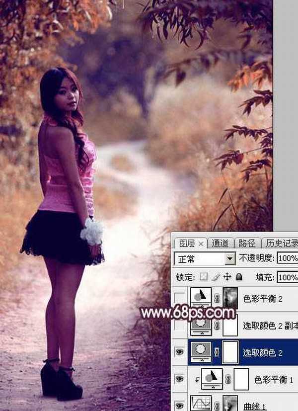 Photoshop将树林人物图片打造唯美的暗调紫红色