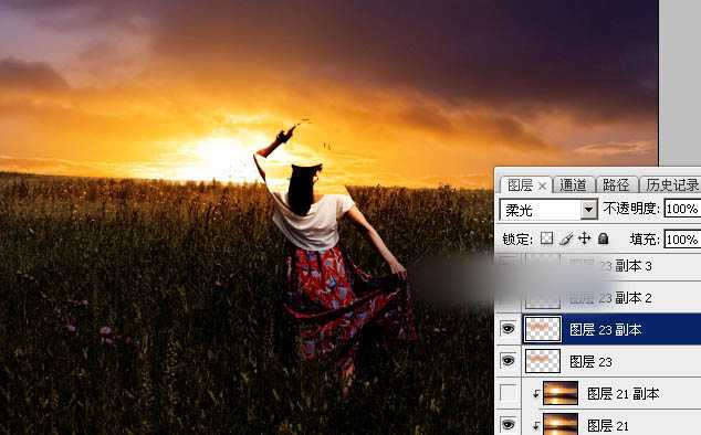 Photoshop为草原上的人物加上昏暗的暖色逆光效果教程
